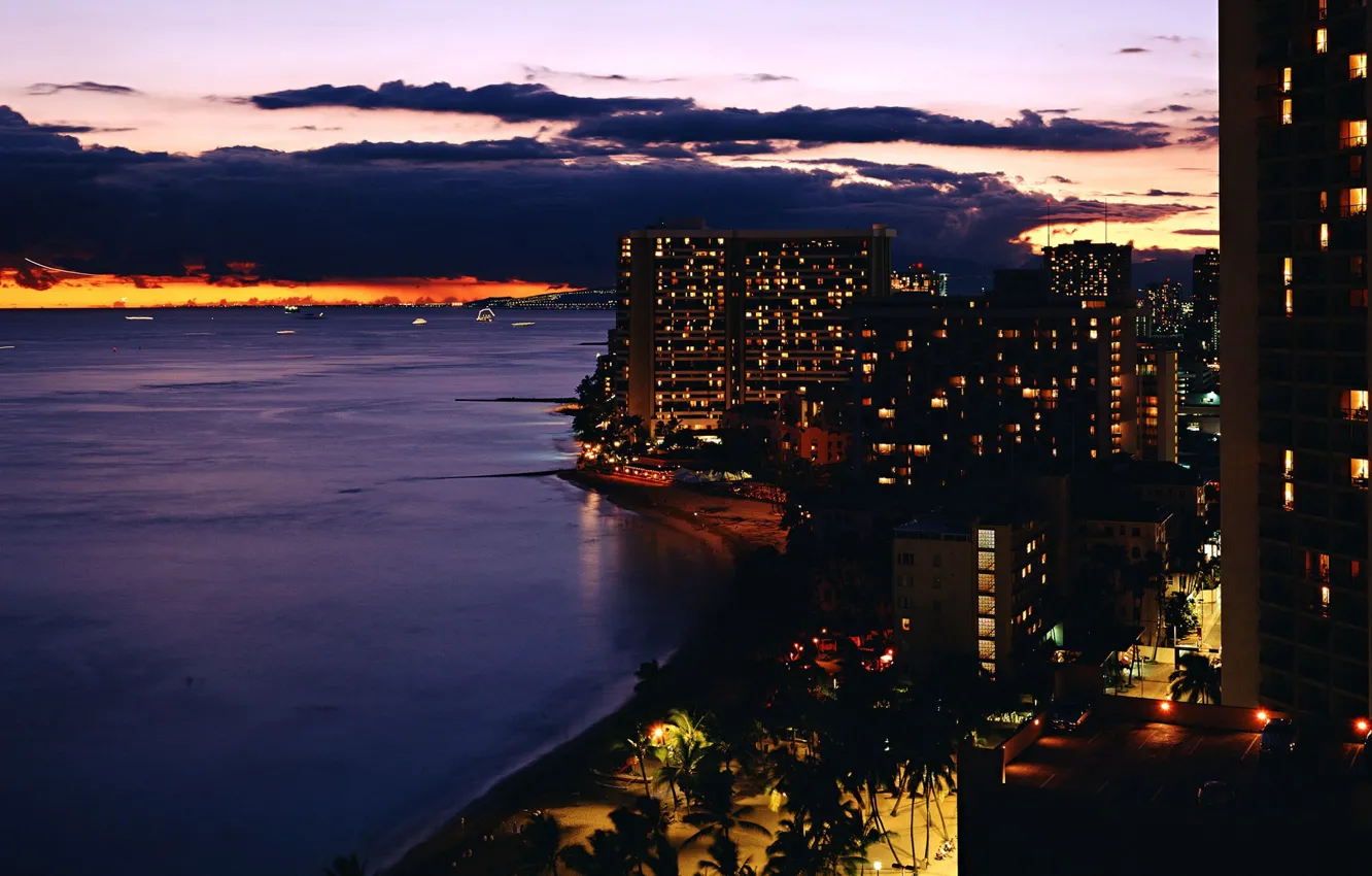 Photo wallpaper lights, shore, building, the evening