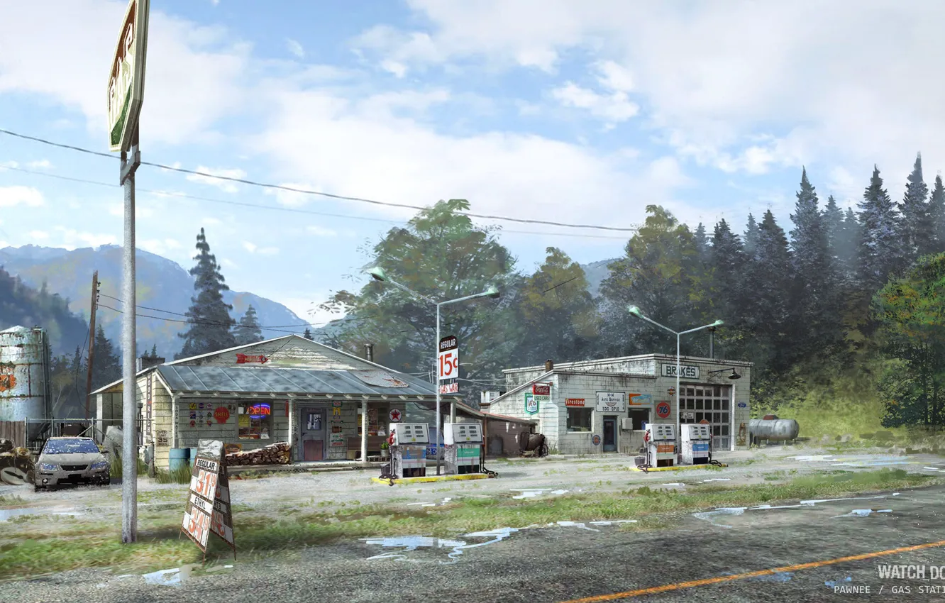 Photo wallpaper forest, mountains, station, gas station, Watch Dogs - environments