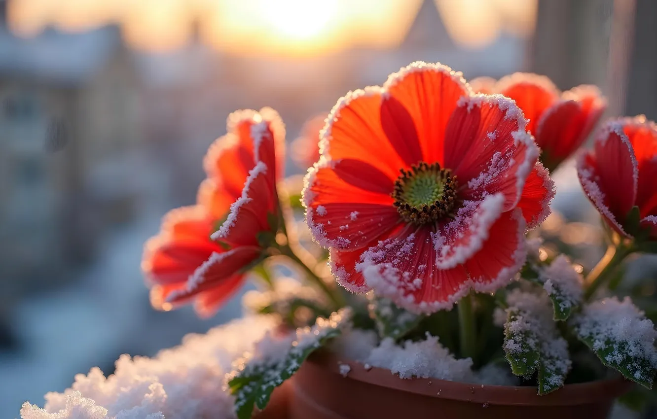 Photo wallpaper winter, snow, flowers, spring, flowers, winter, snow, spring