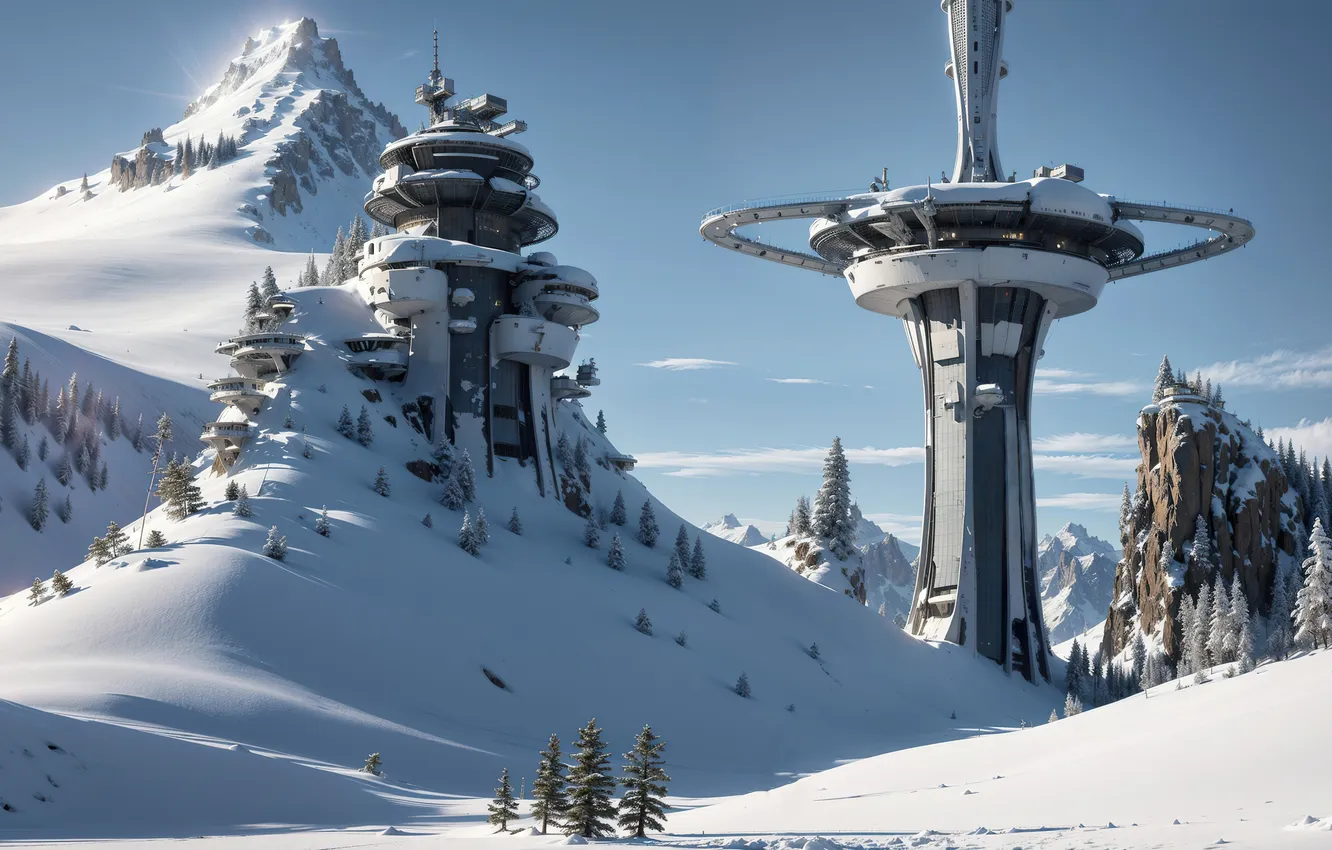 Photo wallpaper tower, landscape, art, winter, snow, fantastic, digital art, futuristic