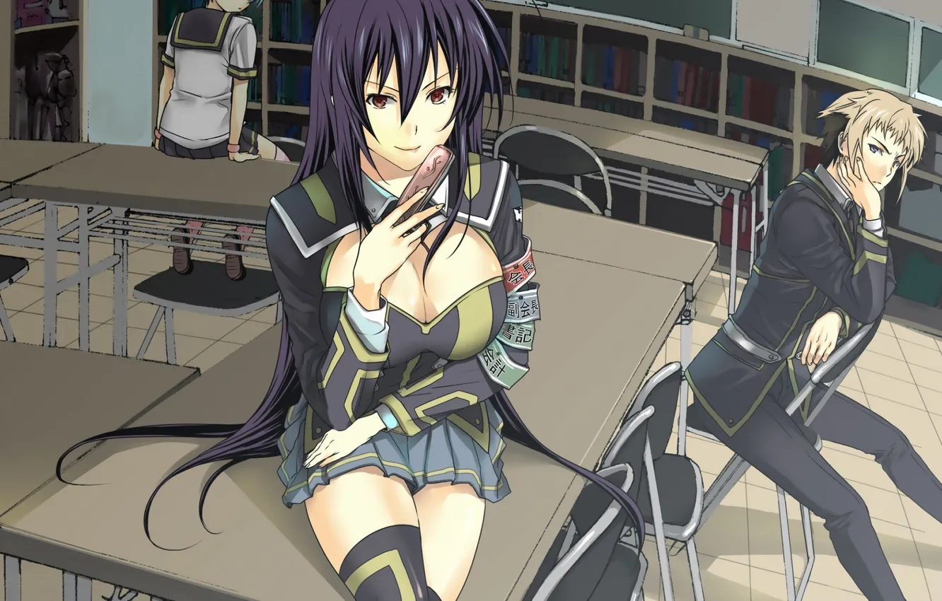 Photo wallpaper girl, anime, art, chair, book, class, guy, office