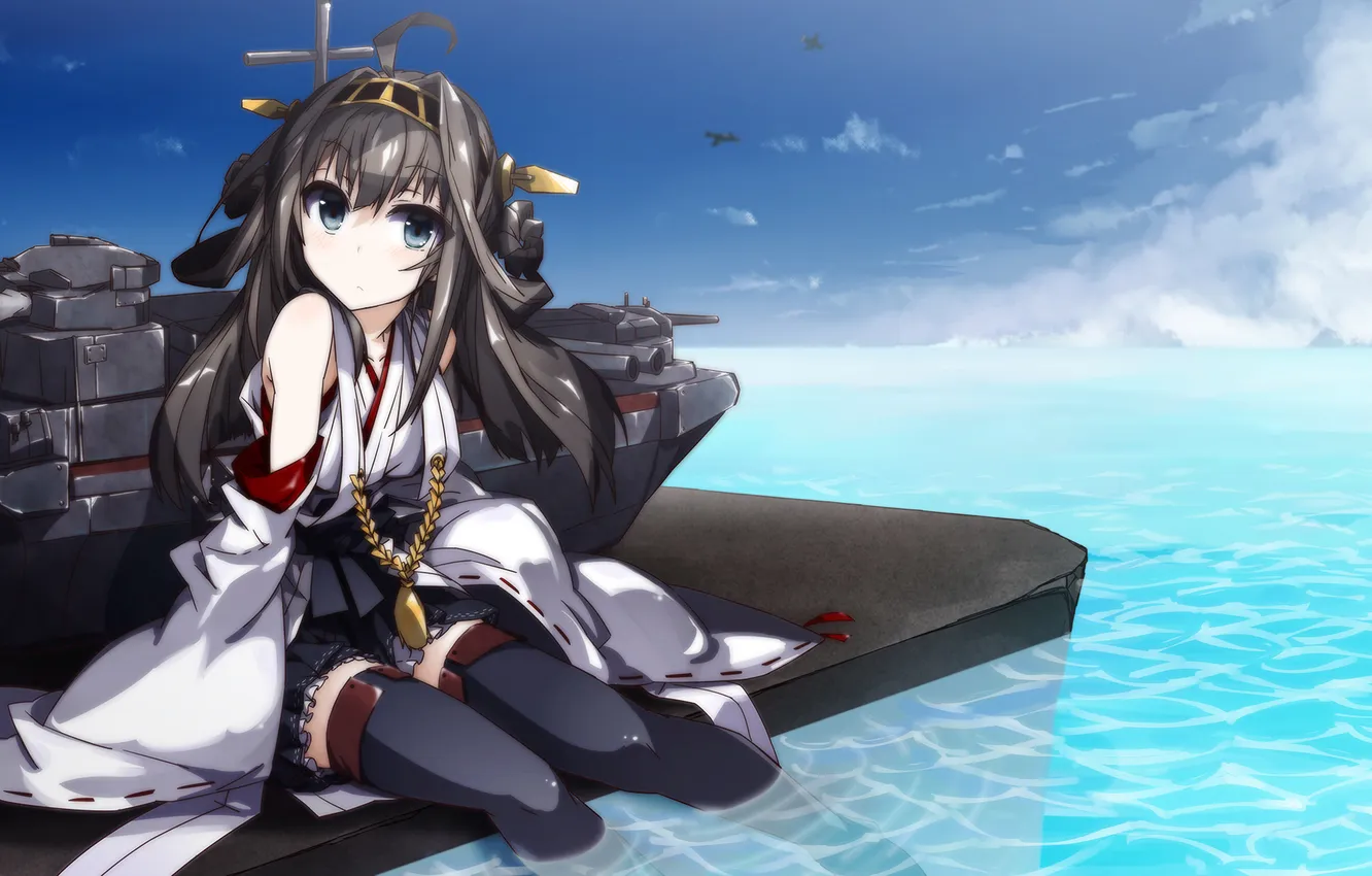 Photo wallpaper sea, look, girl, surprise, the plane, sitting, art, kantai collection