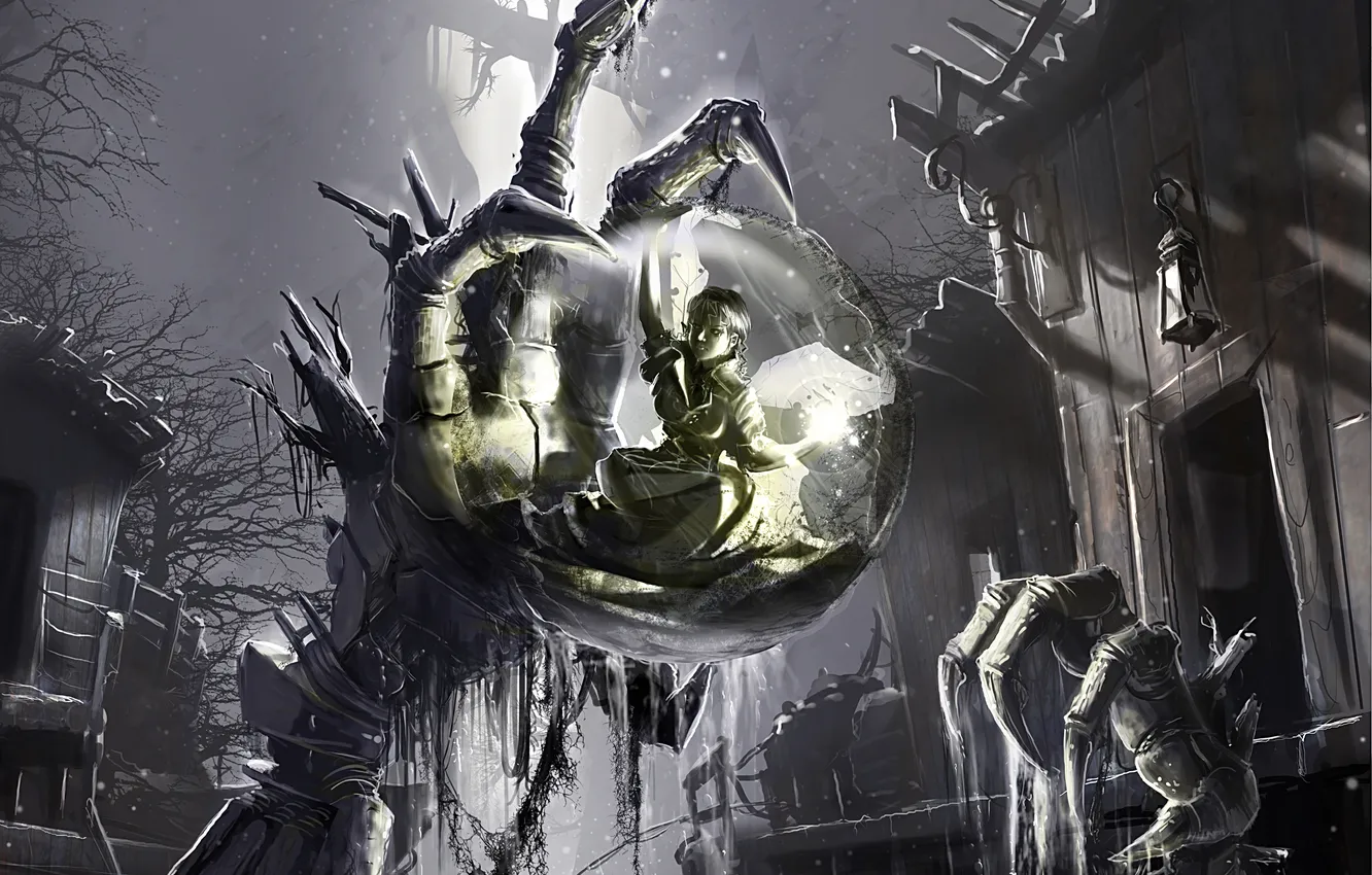 Photo wallpaper trees, night, balls, magic, swamp, paws, girl, claws