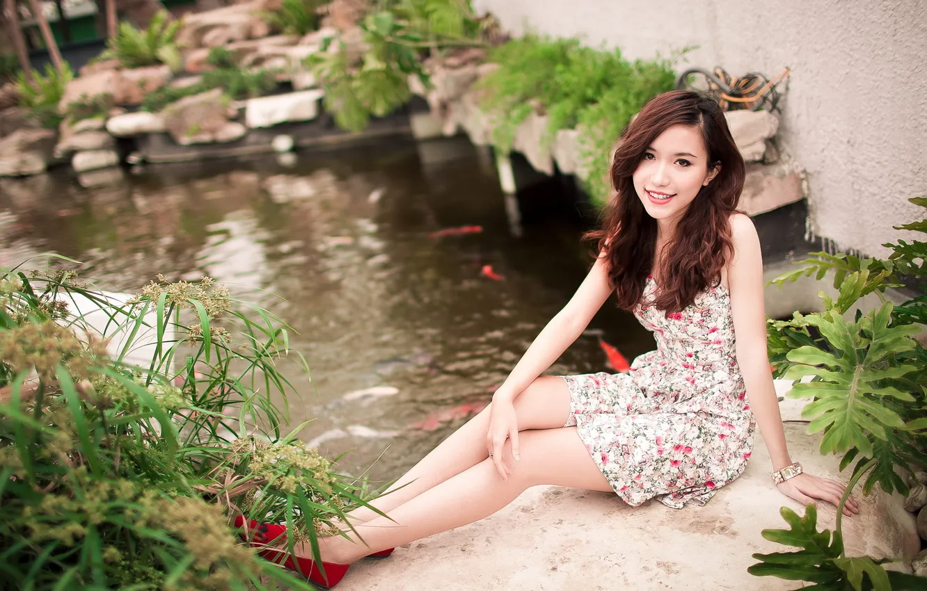 Photo wallpaper girl, garden, Asian