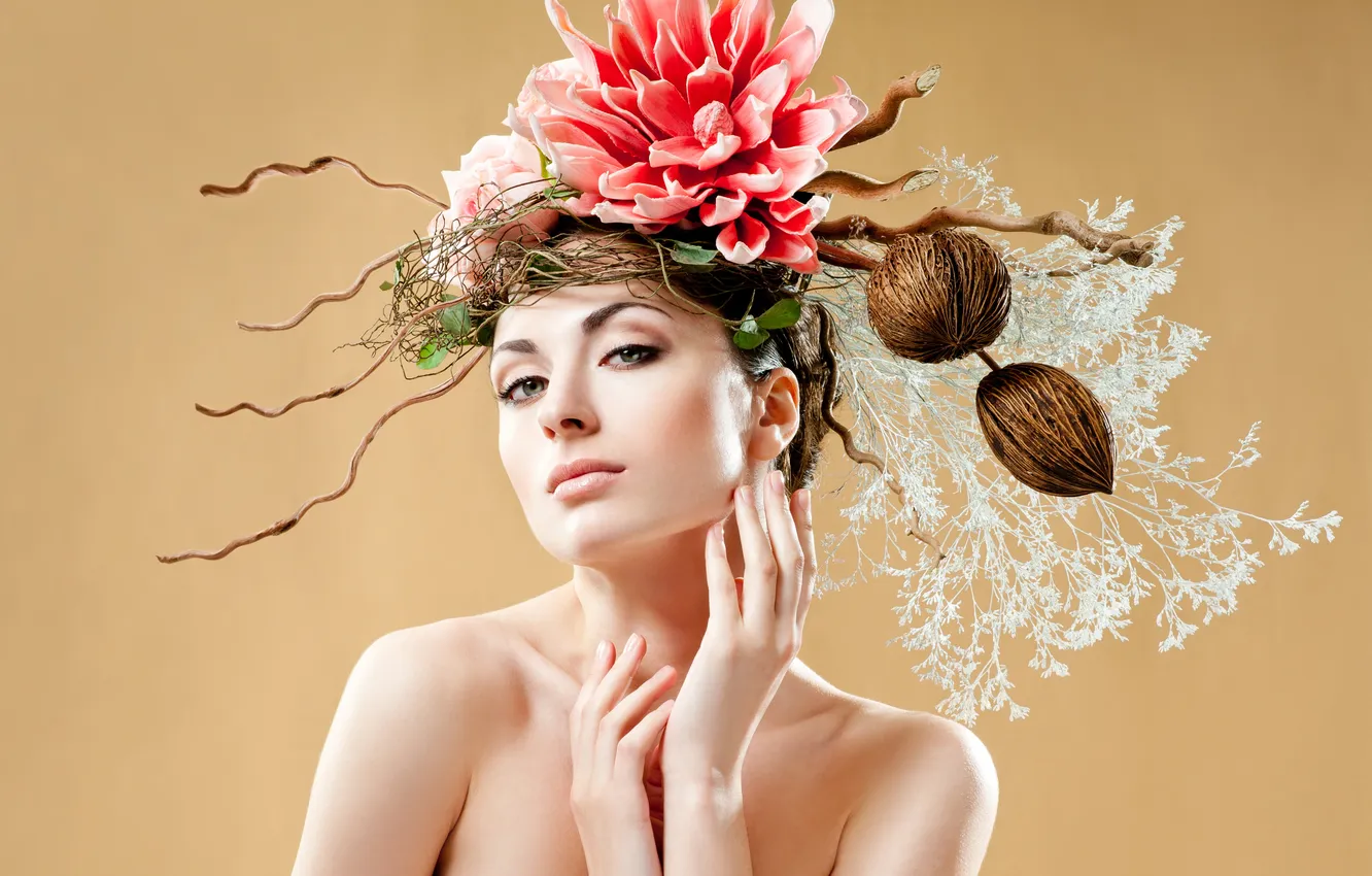 Photo wallpaper look, girl, flowers, creative, brown hair