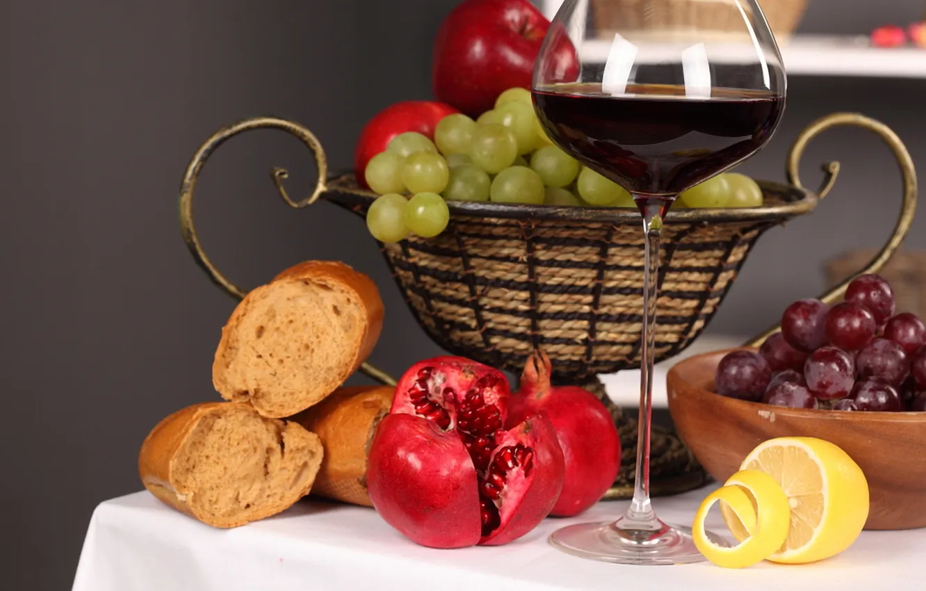 Photo wallpaper red, reflection, table, wine, lemon, glass, plate, bread