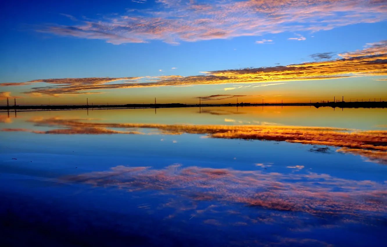 Photo wallpaper water, clouds, sunset, reflection