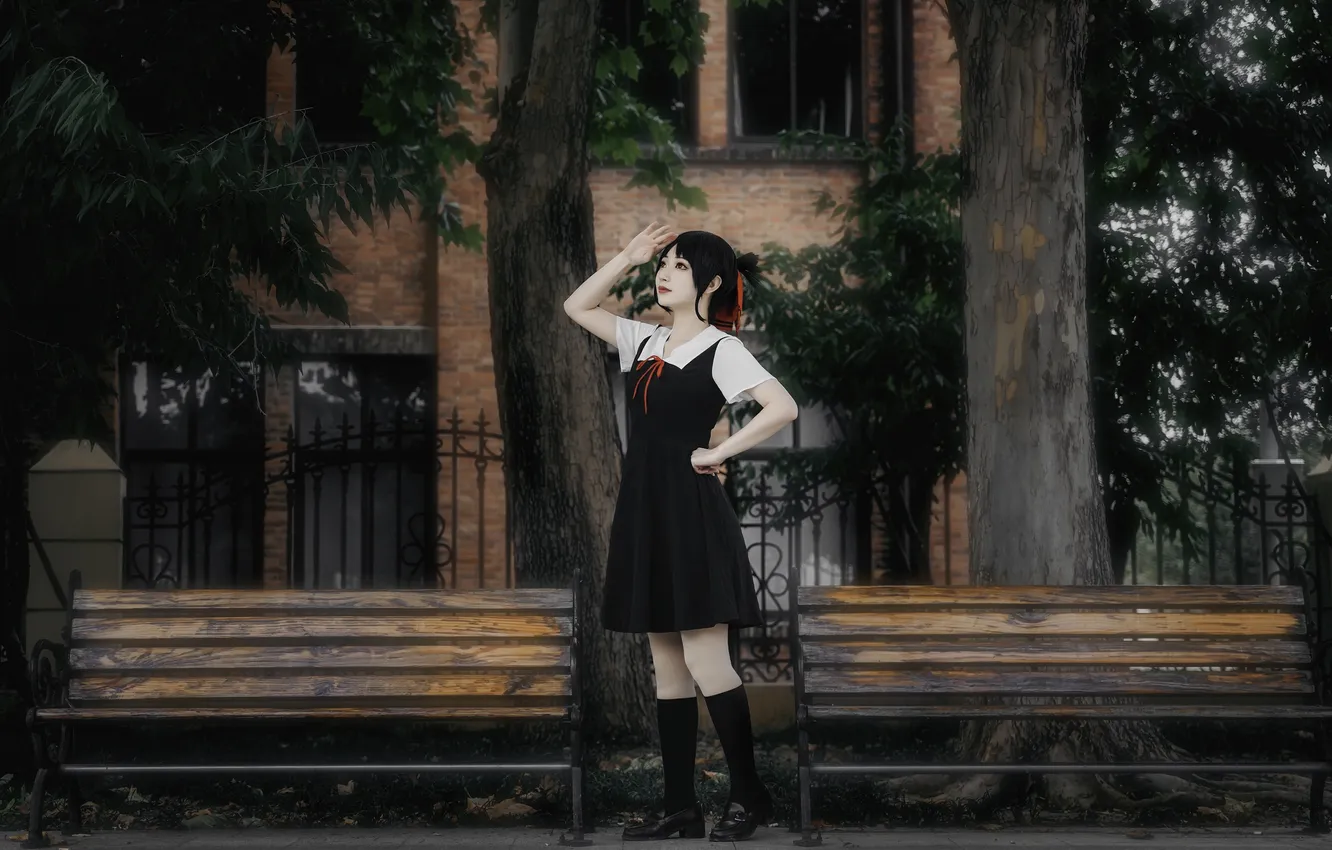 Photo wallpaper woman, beautiful, tree, model, pretty, fence, cosplay, bench