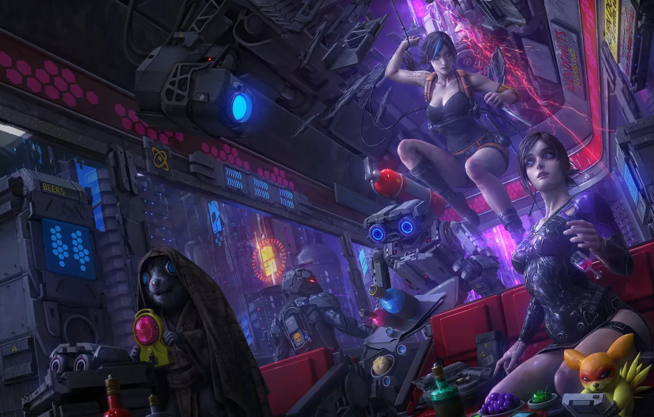 Photo wallpaper girl, night, the city, fiction, robot, art, cyberpunk, mutant