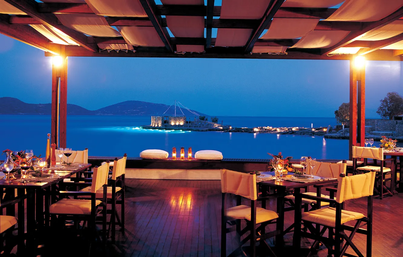 Photo wallpaper design, interior, the evening, Greece, lighting, restaurant, the hotel, terrace