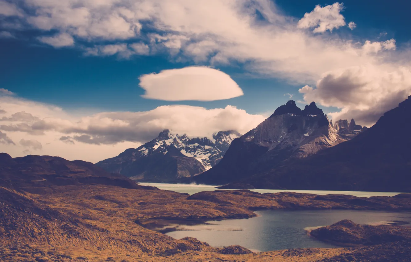 Photo wallpaper clouds, snow, mountains, lake, pair