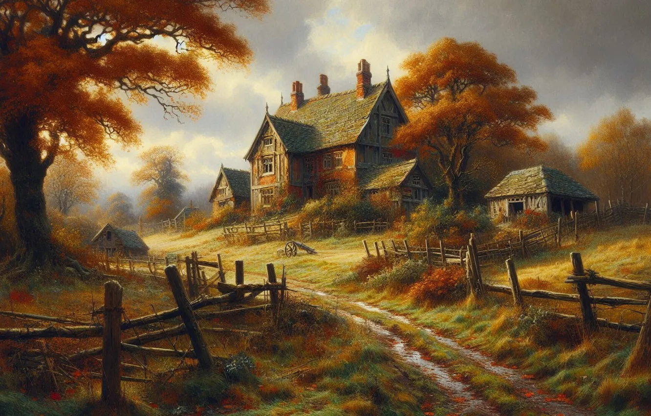 Photo wallpaper autumn, trees, home, village, house, hut, AI art, a cozy little world