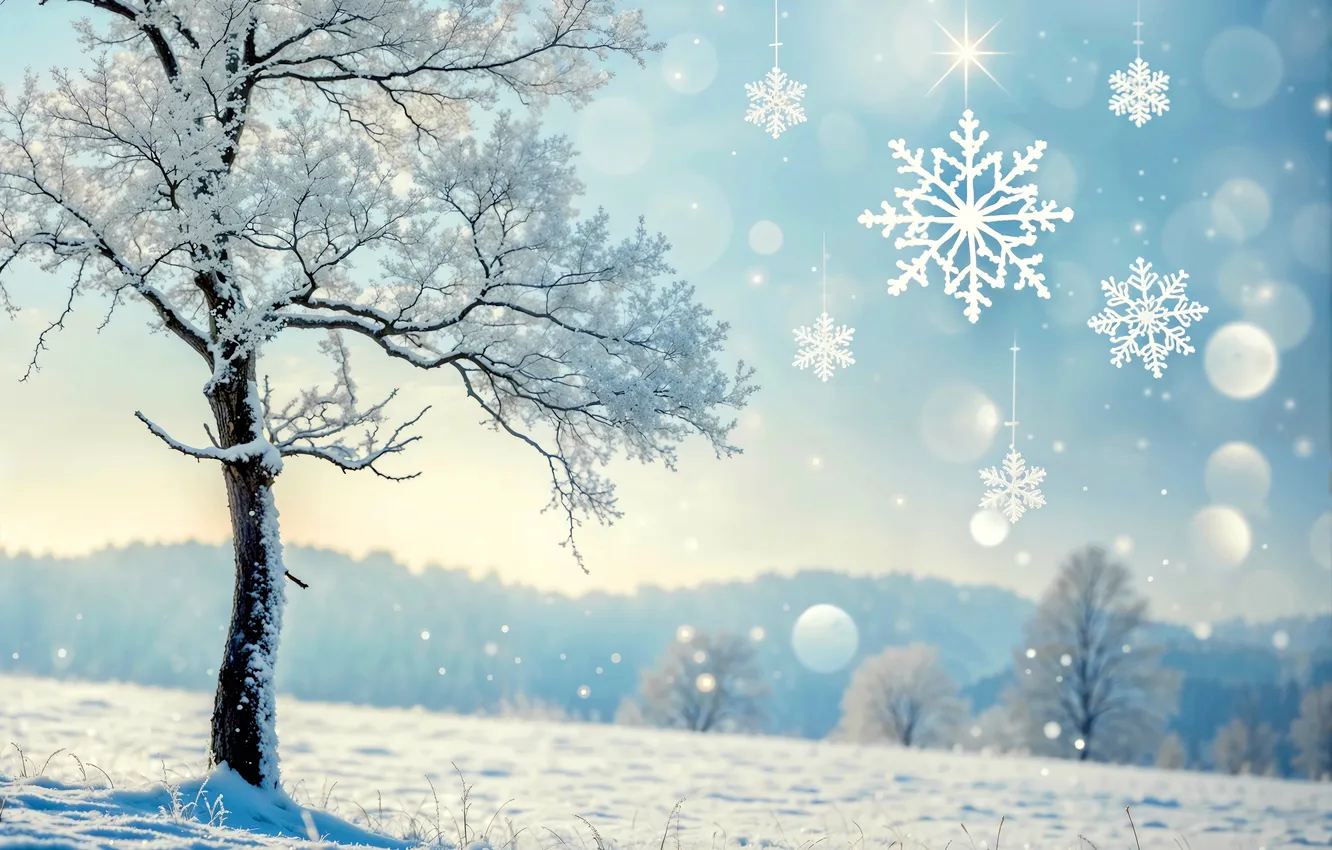 Photo wallpaper winter, frost, field, forest, clouds, light, snow, trees