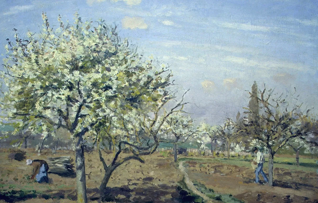 Photo wallpaper trees, landscape, picture, spring, Camille Pissarro, Garden in Bloom. Louveciennes