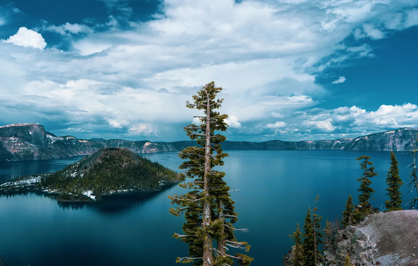 Photo wallpaper clouds, trees, lake, crater, the beauty of nature