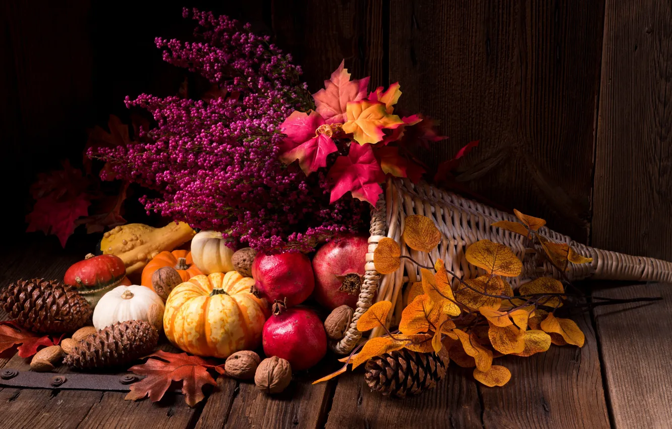 Photo wallpaper leaves, flowers, pumpkin, nuts, still life, garnet, the gifts of autumn