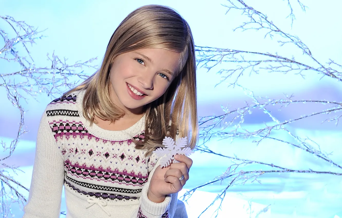 Photo wallpaper winter, snow, snowflakes, children, smile, mood, blonde, girl