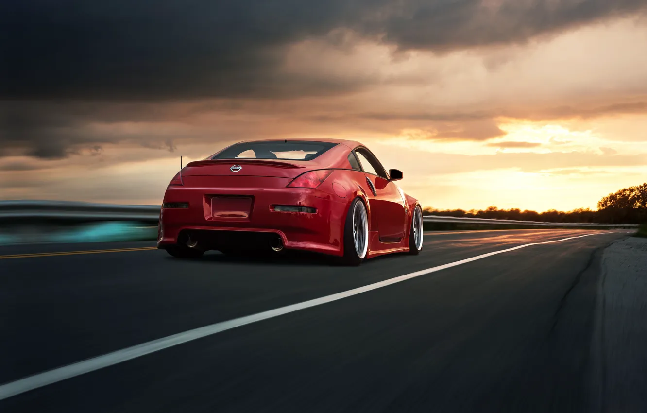 Photo wallpaper speed, red, Nissan, road, 350Z, rear