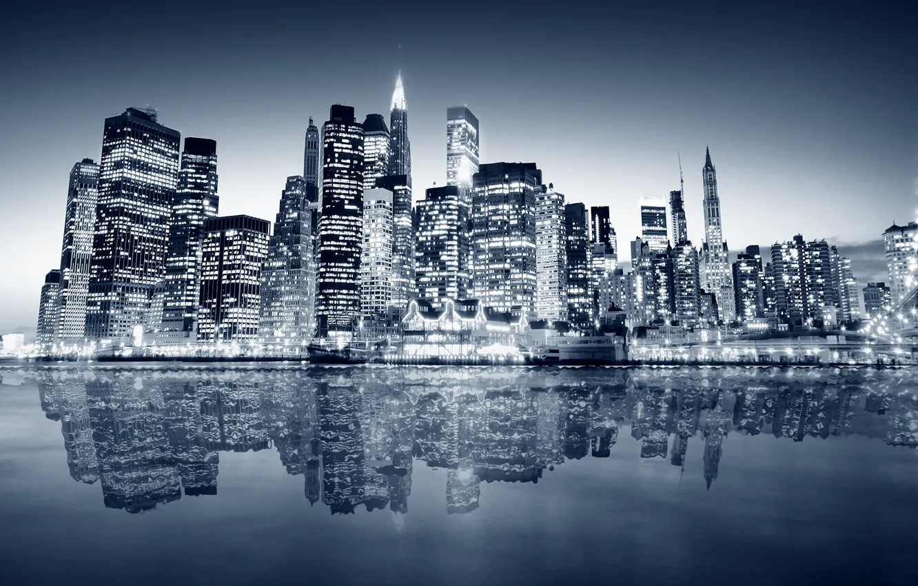 Photo wallpaper water, night, skyscrapers