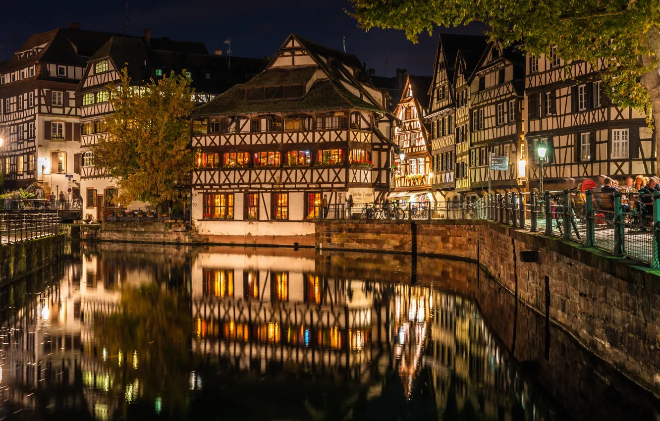 Photo wallpaper reflection, France, building, home, channel, night city, promenade, Strasbourg