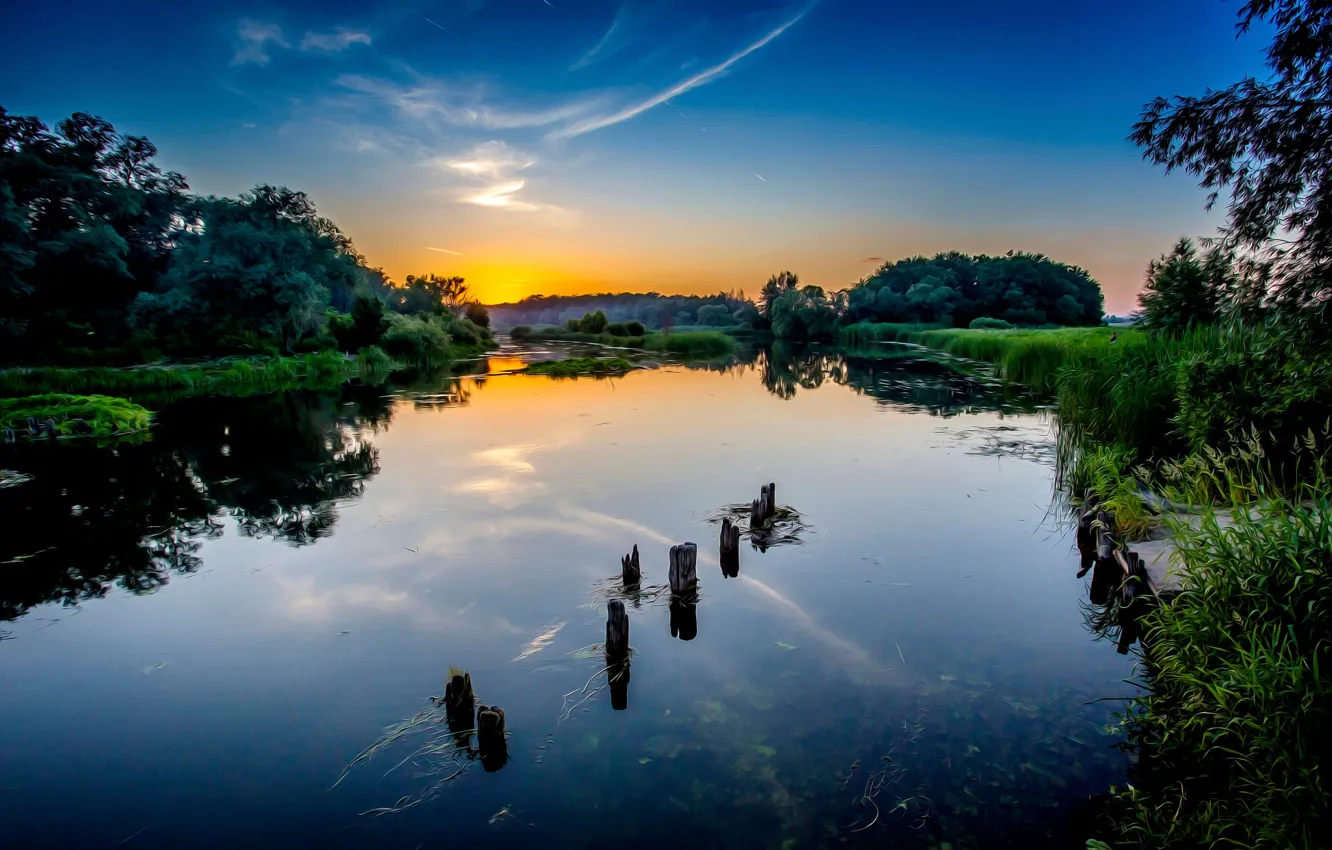 Photo wallpaper sunset, river, treatment