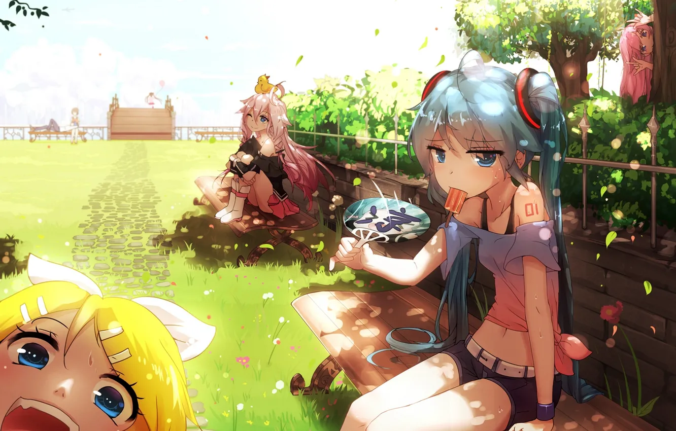 Photo wallpaper the sun, bridge, girls, heat, anime, fan, ice cream, guys