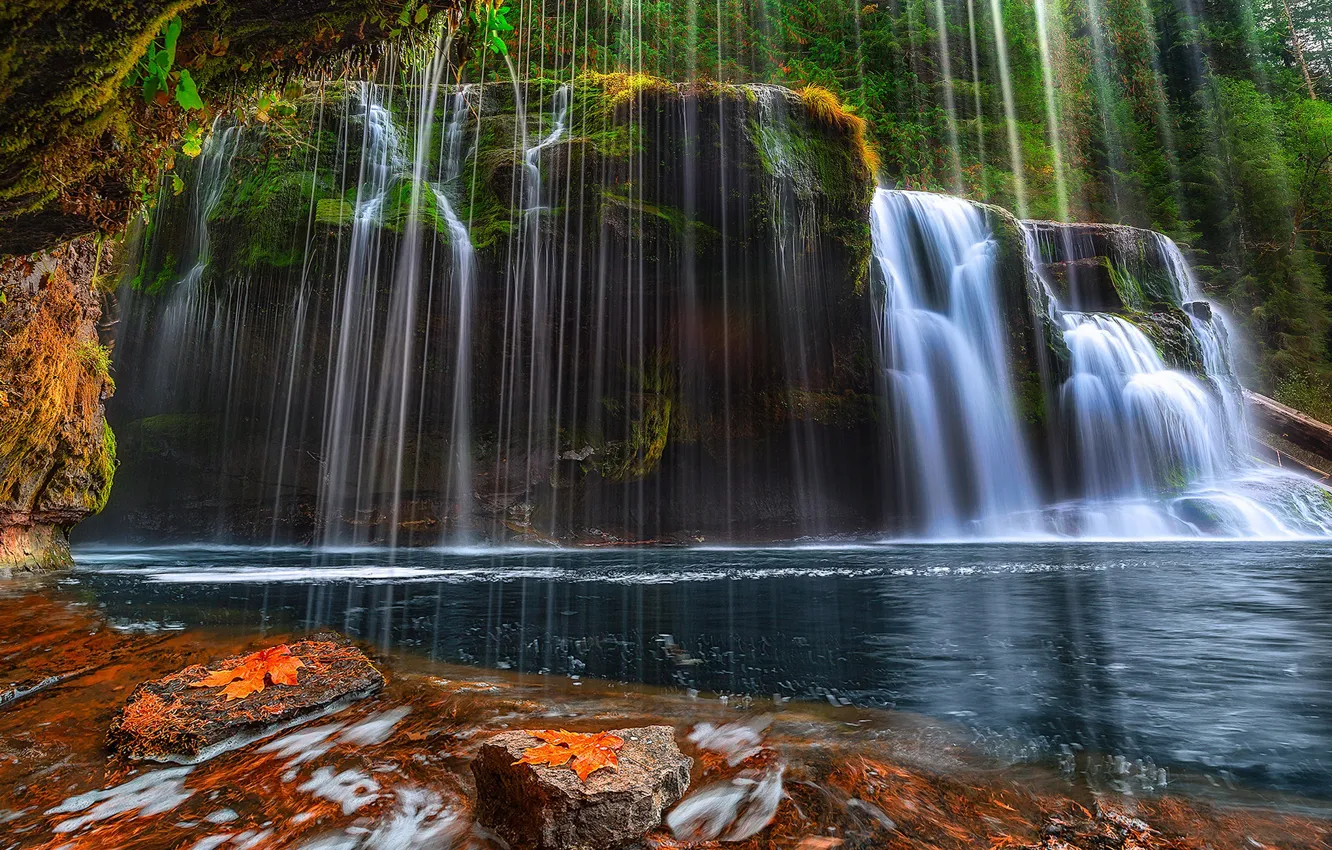 Photo wallpaper trees, lake, stones, rocks, waterfall, stream, USA, Washington