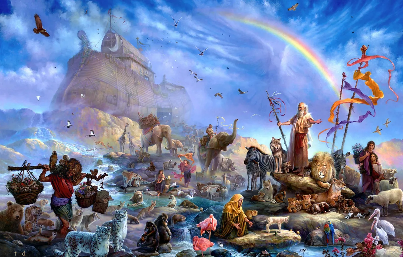 Photo wallpaper animal, people, rainbow, art, salvation, the ark, Tom duBois, Noah's ark