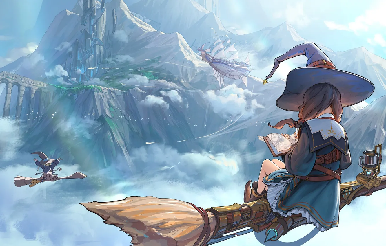 Photo wallpaper flight, rainbow, student, witch hat, from the height of bird flight, witch, on the broom, …