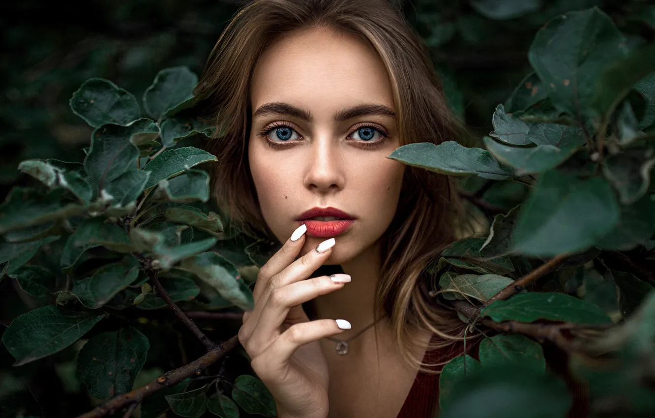 Photo wallpaper eyes, look, girl, portrait, lips, leaves, Alexander Kurennoy