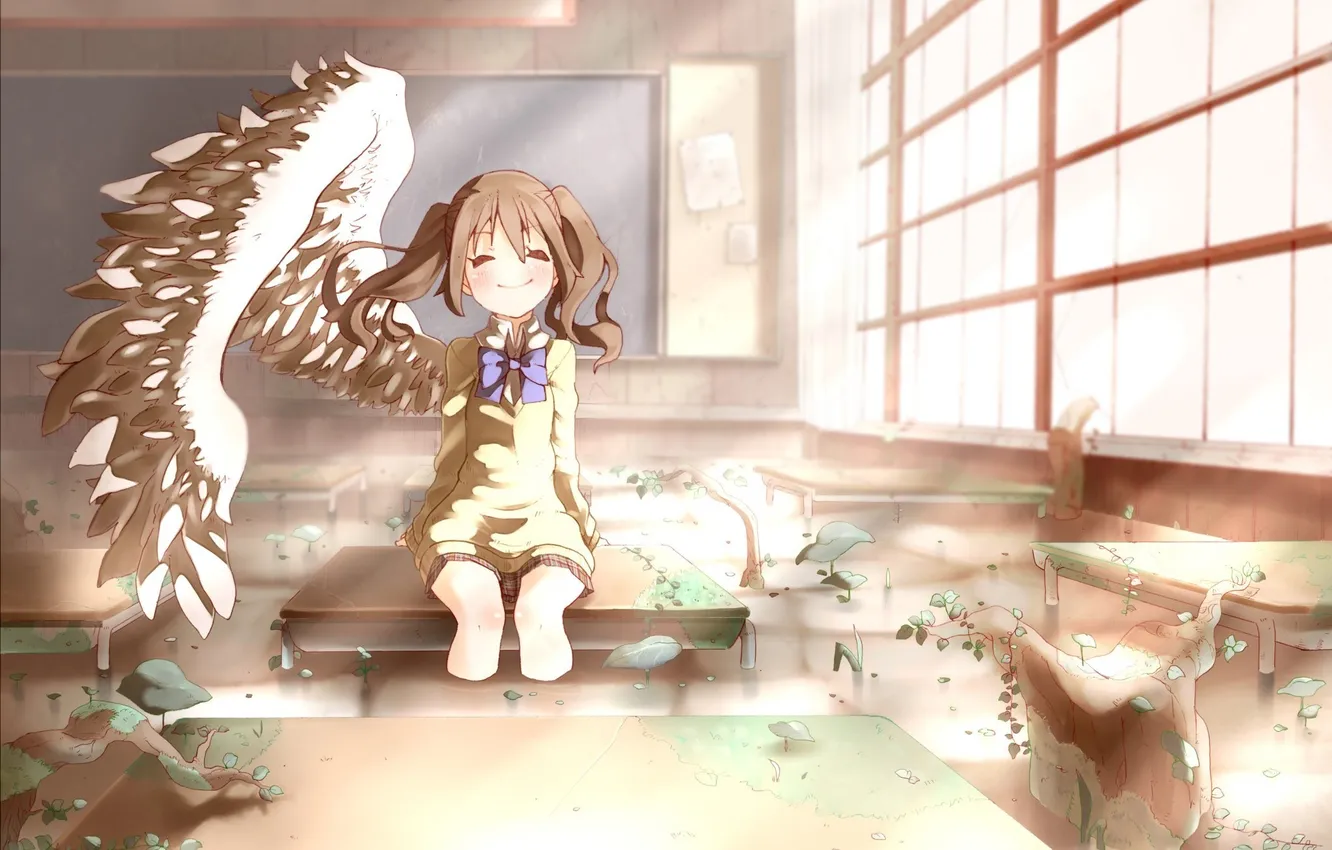 Photo wallpaper girl, happiness, emotions, plant, wings, art, school, Sunny