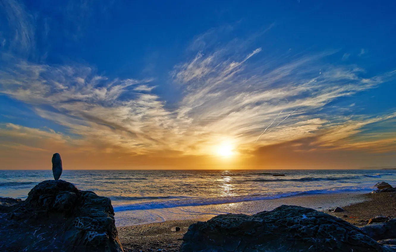 Photo wallpaper sea, the sky, the sun, clouds, sunset, stones, shore