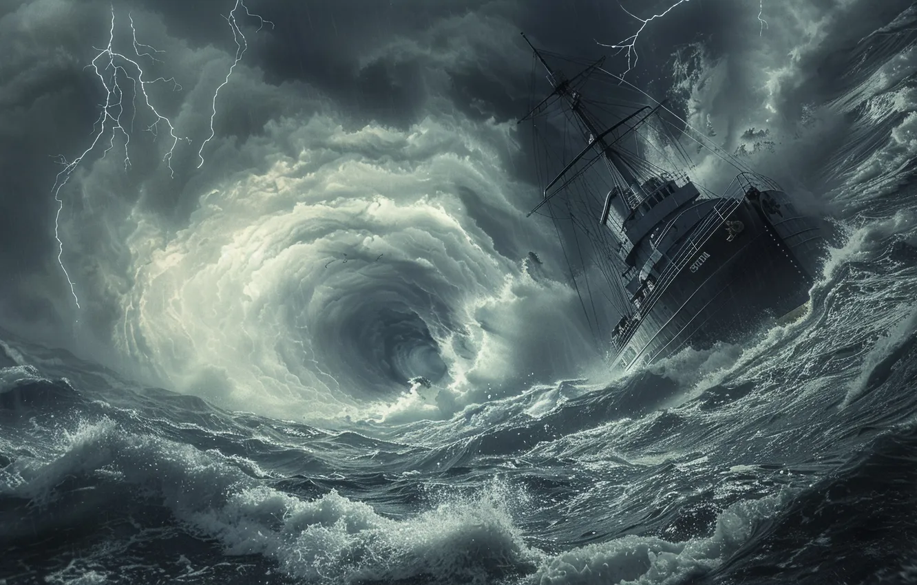 Photo wallpaper sea, wave, clouds, lightning, ship, the portal, digital art, AI art