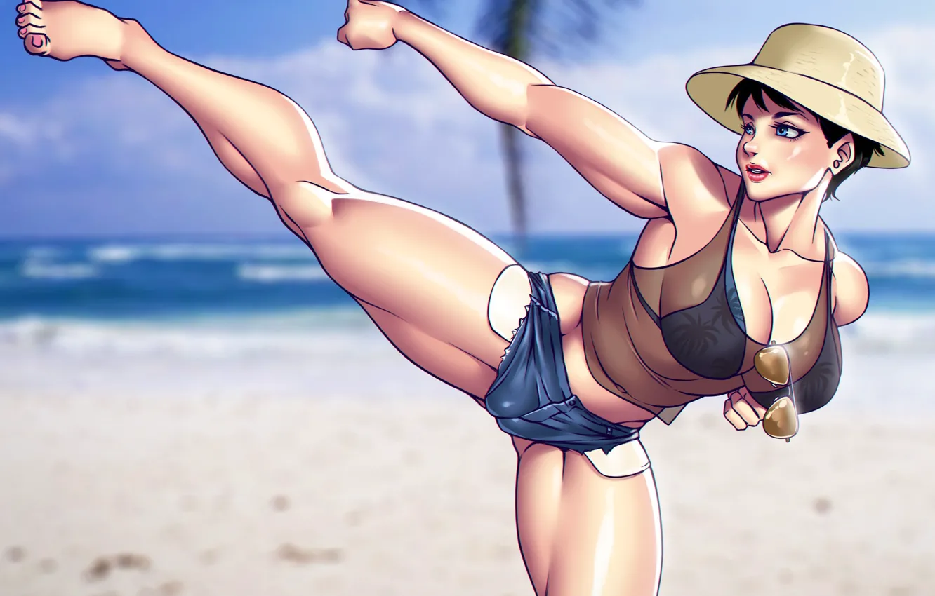 Photo wallpaper beach, chest, summer, girl, feet, body, shorts, hat