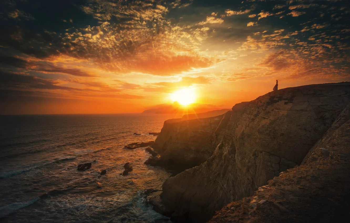 Photo wallpaper sea, the sky, girl, the sun, clouds, rays, light, landscape