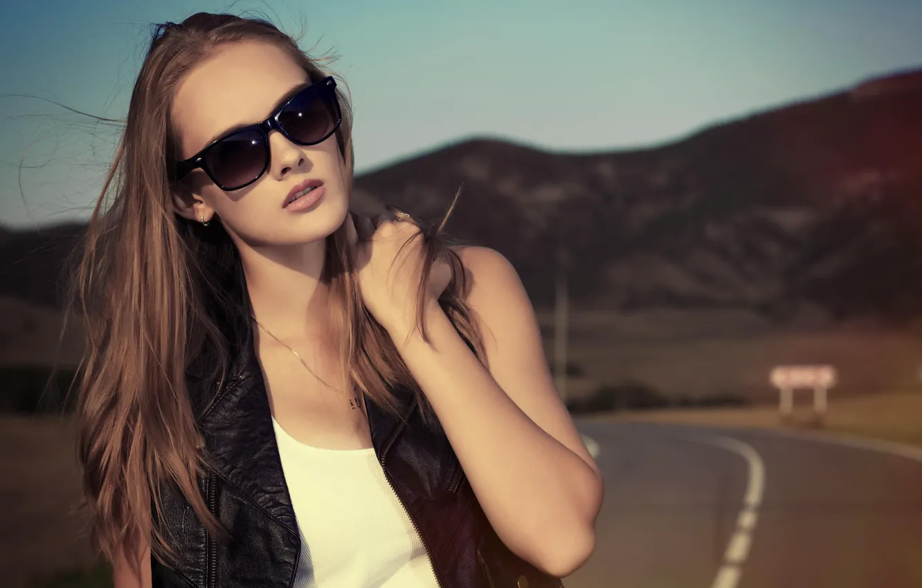 Photo wallpaper road, girl, sunglasses, hair. the wind