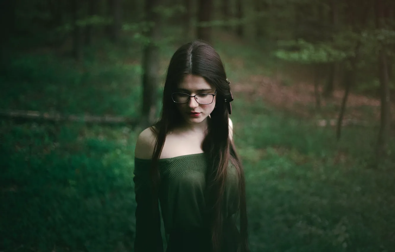 Photo wallpaper girl, glasses, standing in the woods