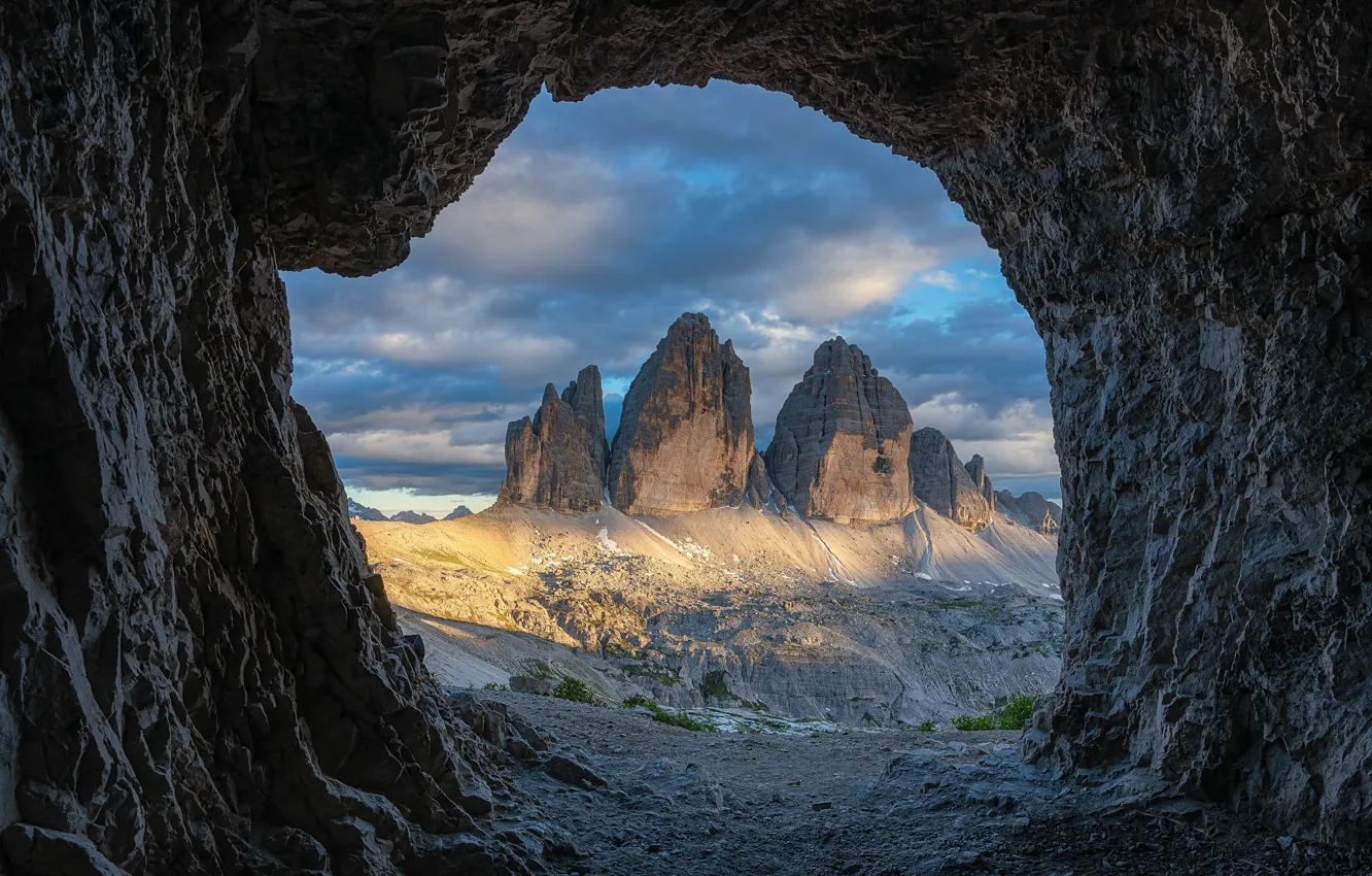 Photo wallpaper mountains, stones, rocks, view, arch, cave, arch, The Dolomites