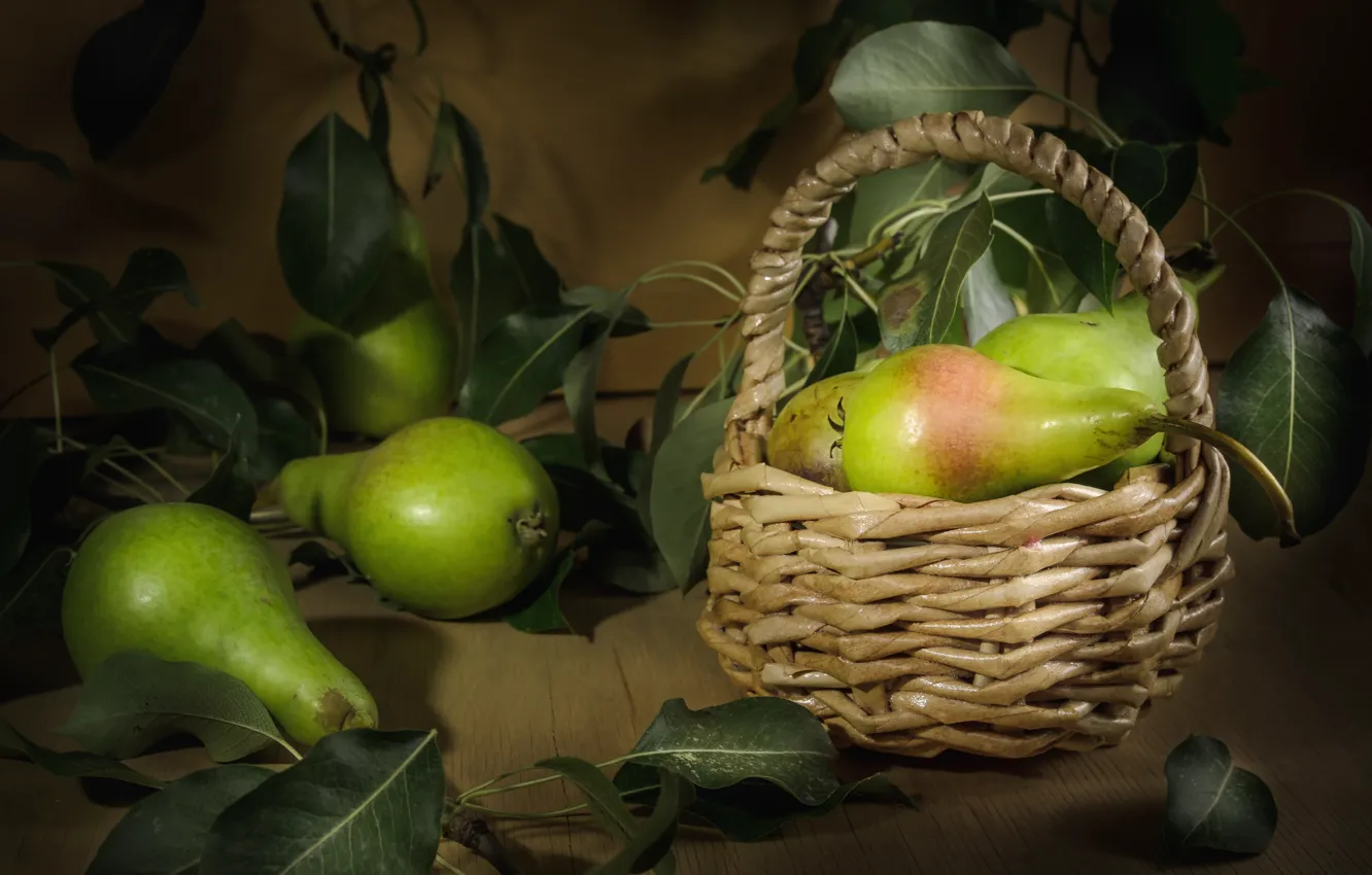 Photo wallpaper leaves, green, table, still life, basket, pear