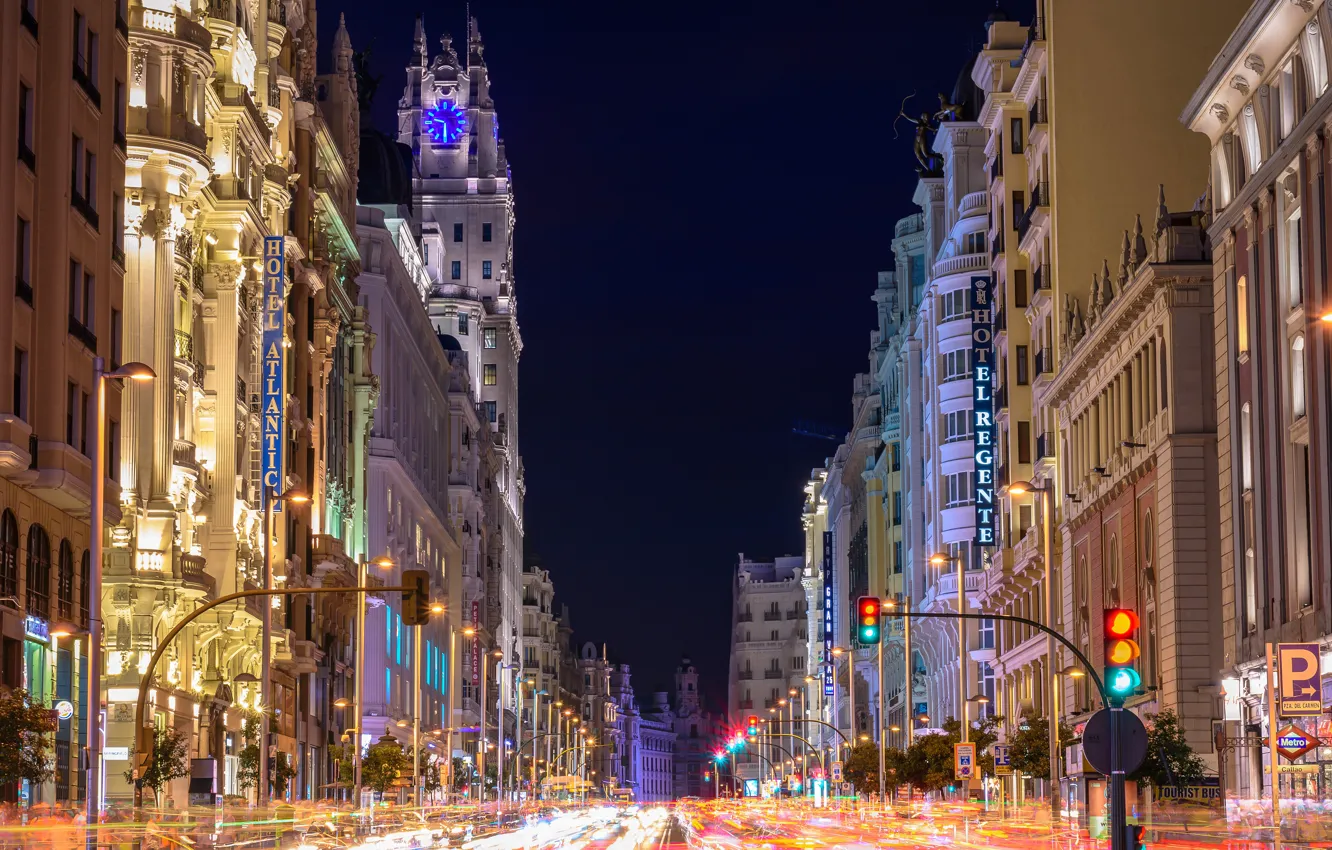 Photo wallpaper road, night, lights, movement, street, building, home, excerpt