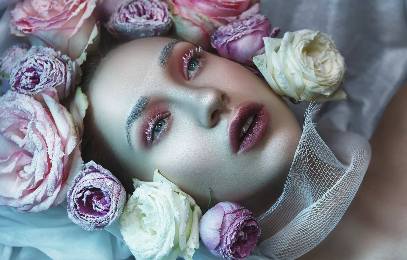 Photo wallpaper girl, flowers, face, style, roses, makeup, buds, Katerina Klio