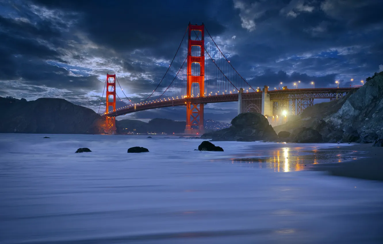 Photo wallpaper San Francisco, Marshall Beach, Rush Waves, golden gate bride