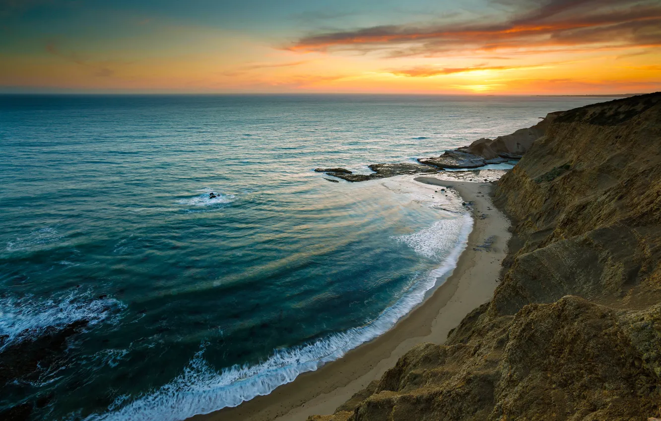 Photo wallpaper sea, wave, beach, the sky, sunset, rocks, shore