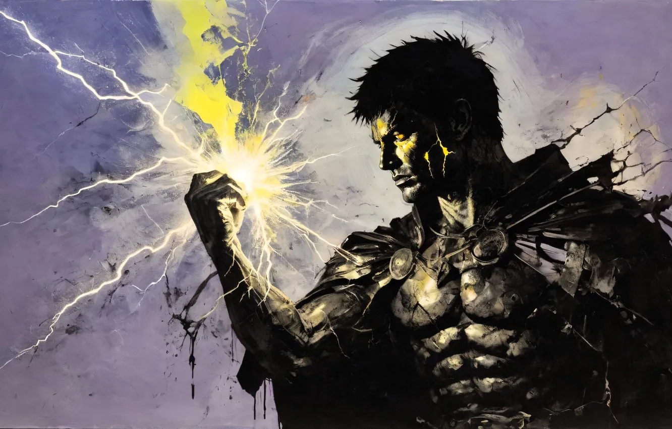 Photo wallpaper cracked, magic, lightning, male, cloak, torso
