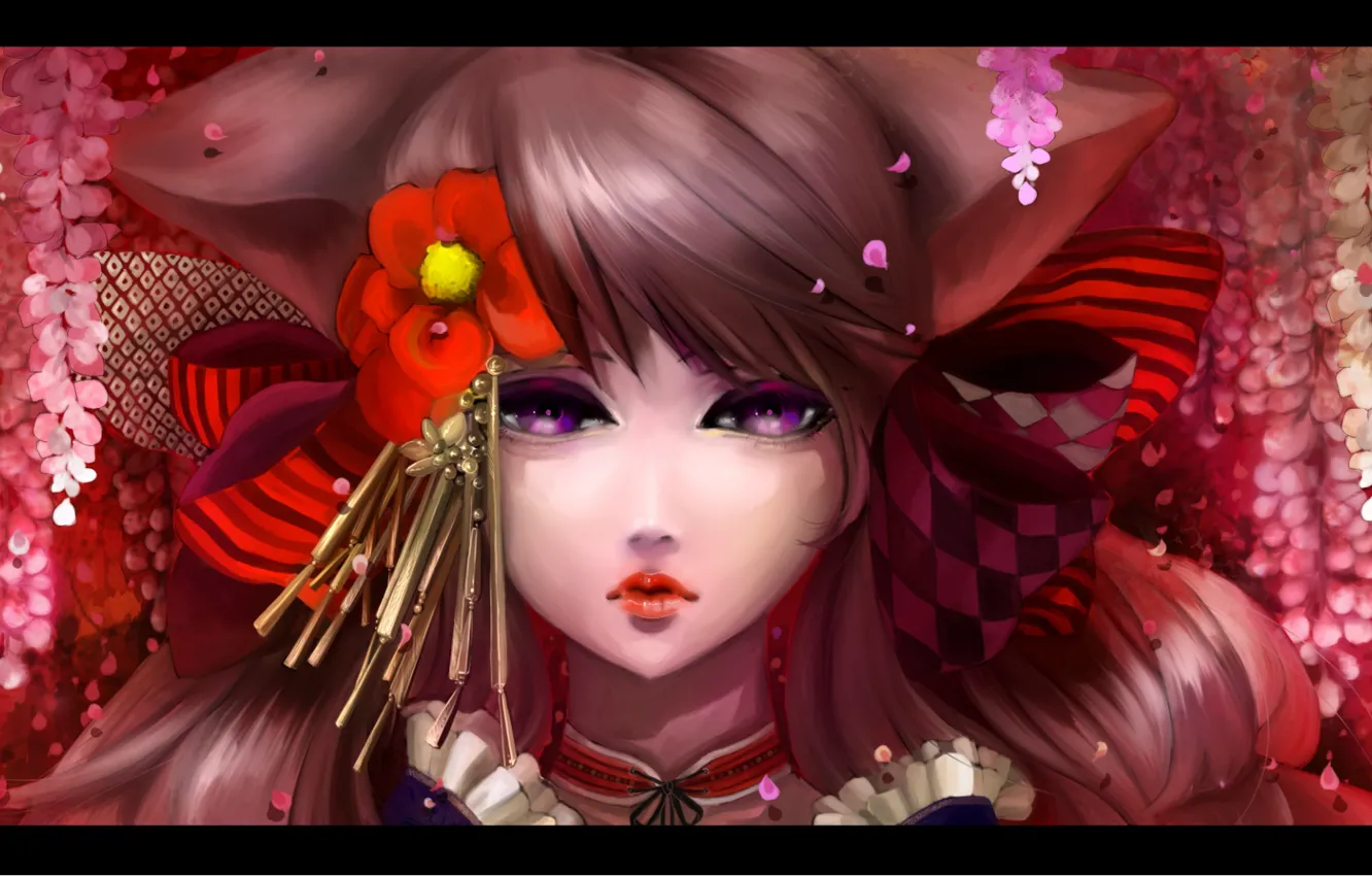 Photo wallpaper flowers, face, portrait, bow, ears, Kuro Otome Youkai za