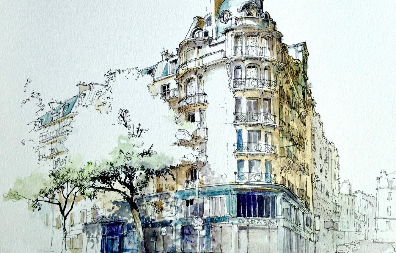 Photo wallpaper the city, street, figure, Paris, home, watercolor