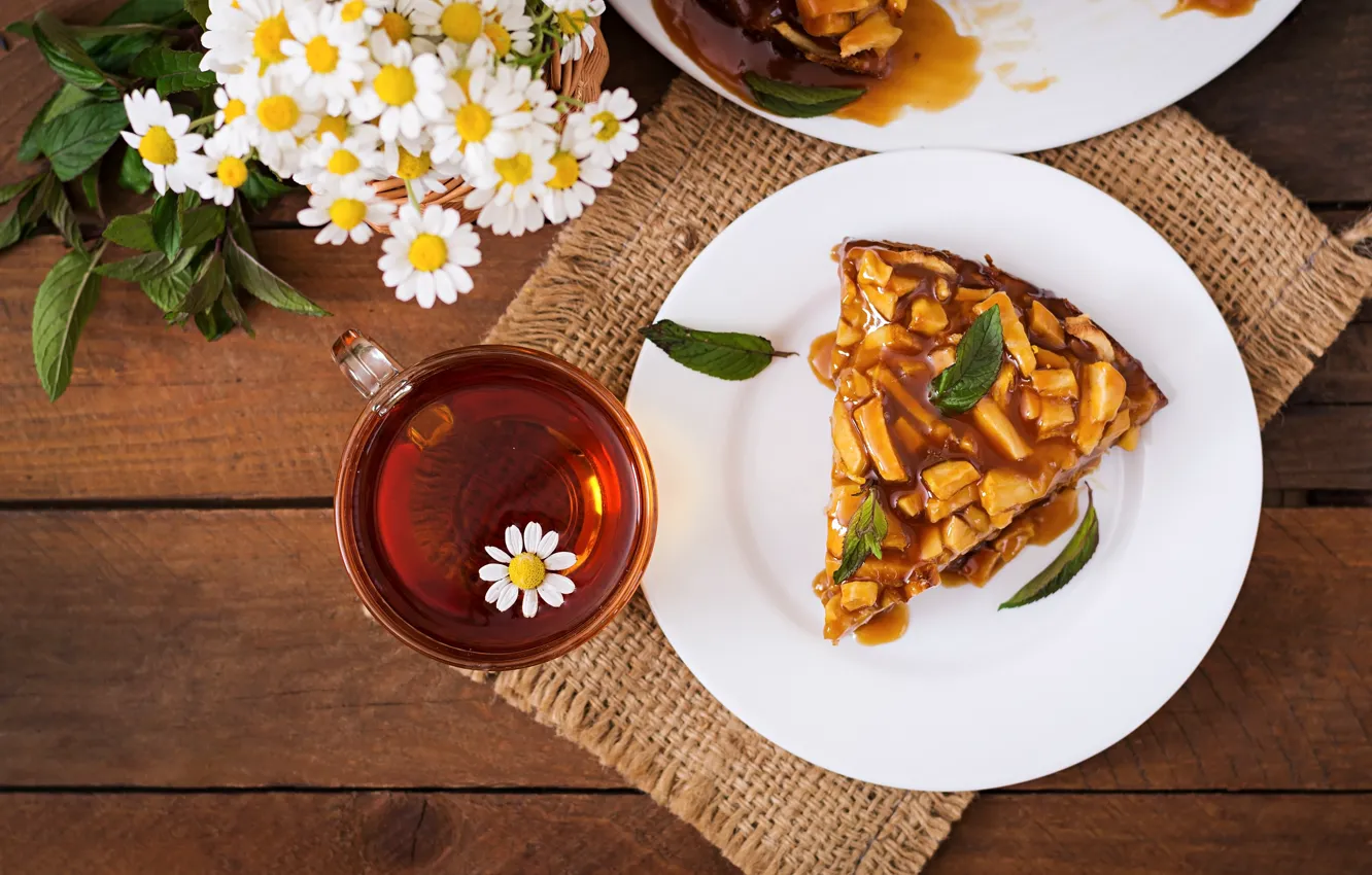Photo wallpaper flowers, tea, chamomile, pie