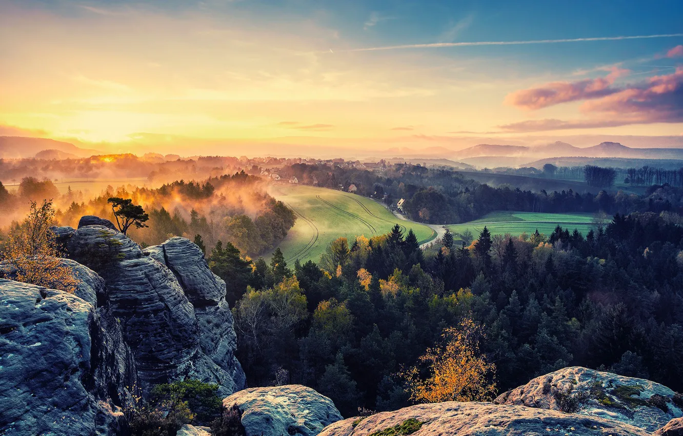 Photo wallpaper fog, dawn, At the Top