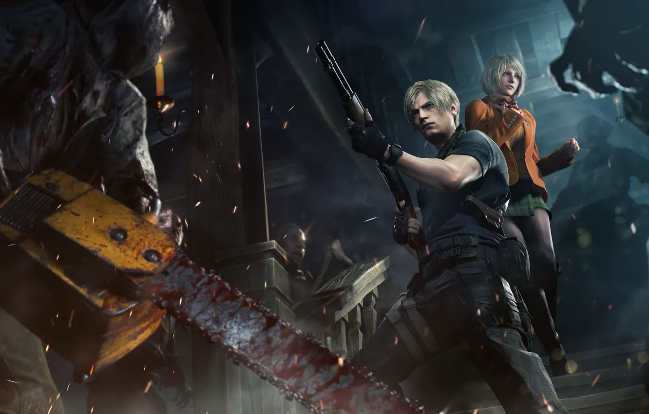 Photo wallpaper fire, flame, horror, gun, blood, pistol, game, Ashley