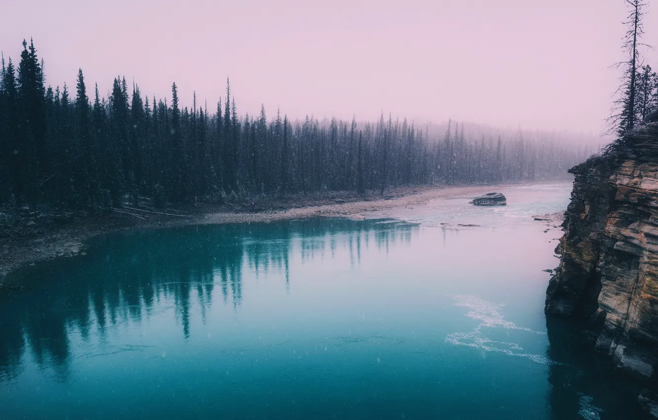 Photo wallpaper forest, snow, river